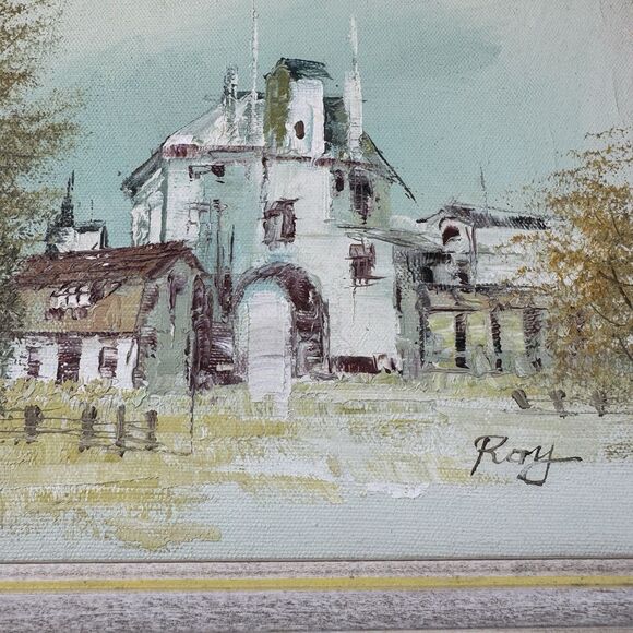 Original Signed Painting Artwork On Wooden Frame Buildings Landscape Community - Picture 4 of 9